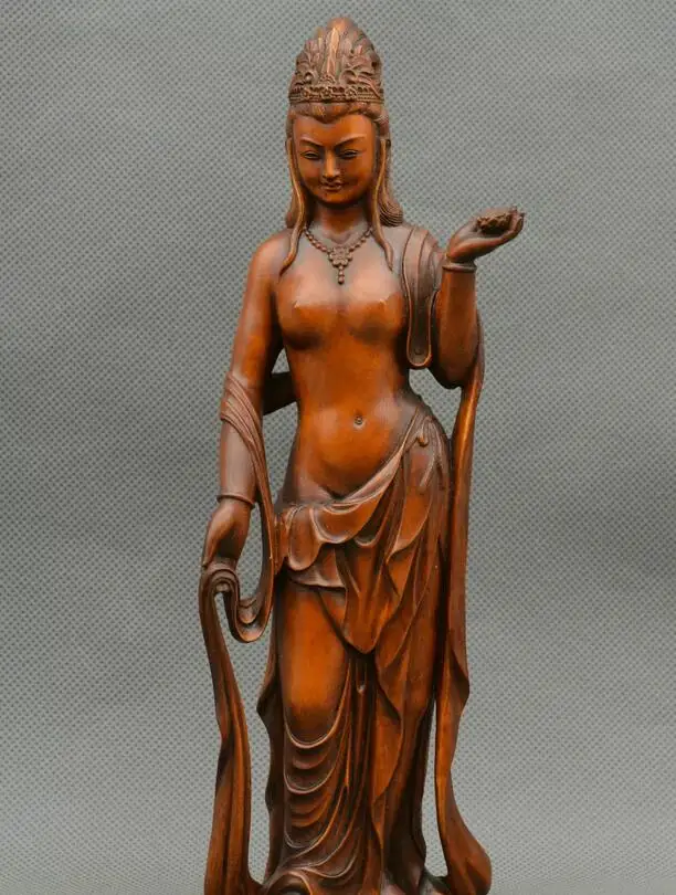 Collect China boxwood Hand carved Buddhism Guanyin Kwan-yin goddess statue