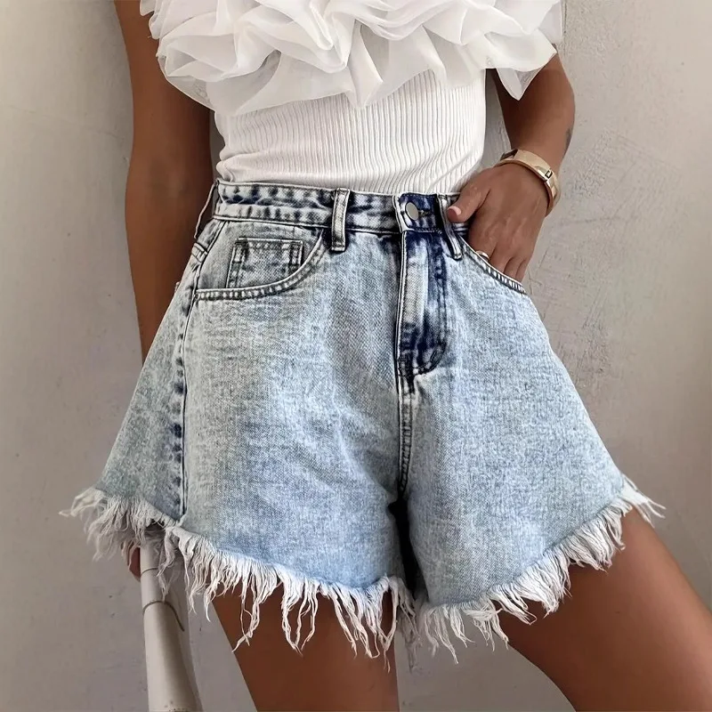 High Waist Fringed Women's Casual Loose Fashion Rough Edge Slim Flared Denim Shorts