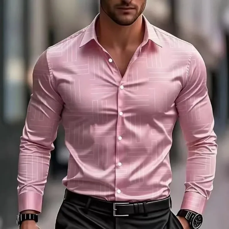 Men's Long-sleeved Shirt 3D Printed Four-sided Elastic Casual Fashion Striped Men's Long-sleeved Shirt