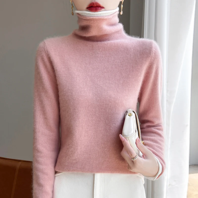 24 Autumn and winter new 100% Merino wool pile collar knitted bottom female white edge false two turtleneck loose pullover sweat