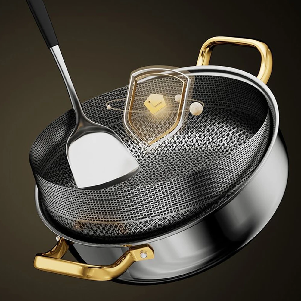 28cm Stainless Steel Soup Pot Wok Non-stick Honeycomb with lid Household Hot Pot Induction Cooker Gas Stove Universal Frying Pan