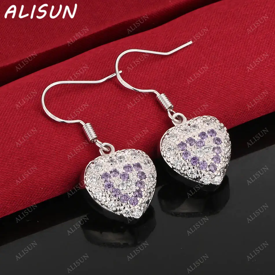 

ALISUN 925 Sterling Silver Purple Zircons Hearts Drop Earrings Charm Trend Birthday Gifts Fashion Party Fine Jewelry