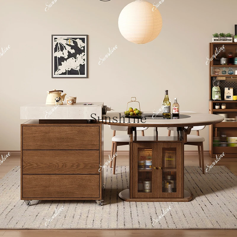 

Small apartment retractable rock slab hot pot table with induction cooker integrated round table