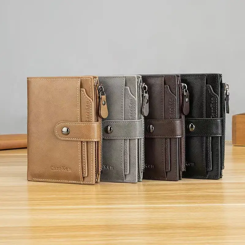 Fashion Snap Button Men's Short Wallet Vintage Leather Coin Purse Tri Fold Card Holder Zipper Male Money Wallet