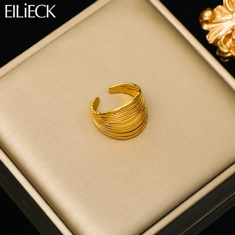 EILIECK 316L Stainless Steel Gold Color Geometric Adjustable Ring For Women Fashion Waterproof Cuff Finger Ring Jewelry Gift