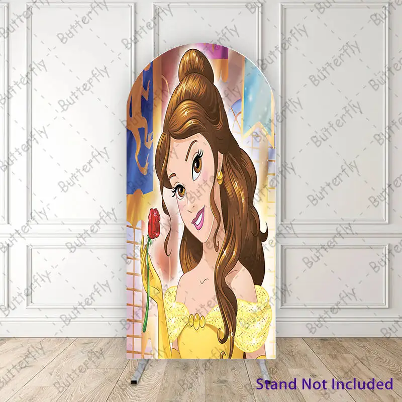 

Disney Cute Belle Princess Red Rose Beauty And The Beast Glitter Arch Backdrop Cover Girls Birthday Party Background Decoration