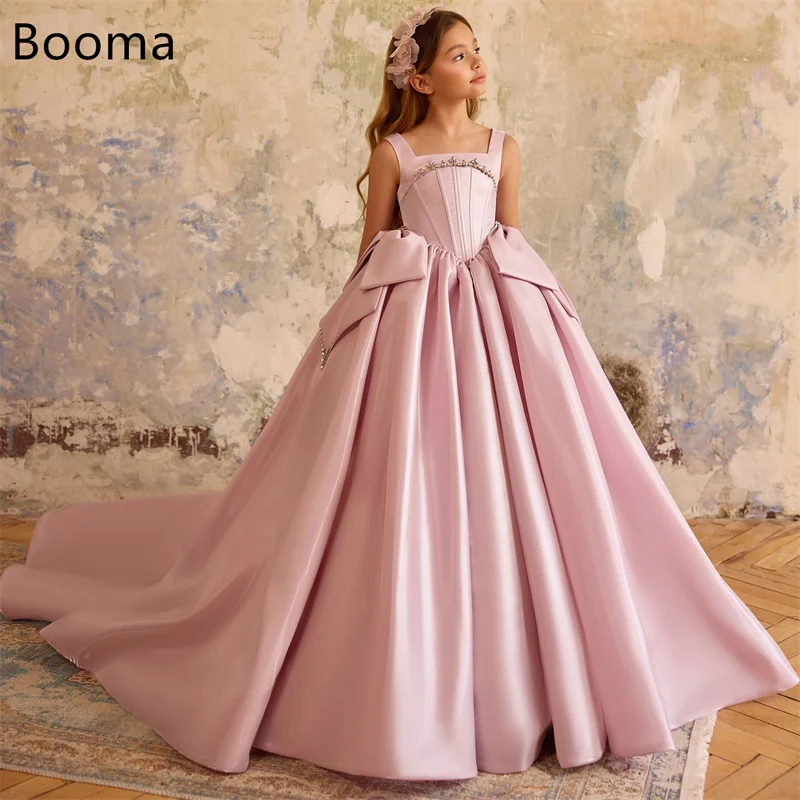 

Booma A-Line Princess Crystal Pink Bow Flower Girl Dresses Girls Wedding Party Dresses Spaghetti Strap Gowns Customized 2025