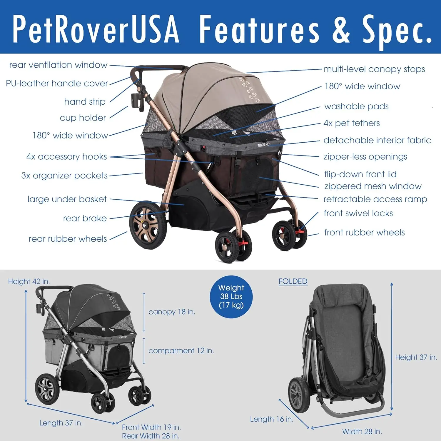 Pet Rover Titan- Premium Super-Sized Dog/Cat/Pet Stroller SUV Travel Carriage/w Access Ramp