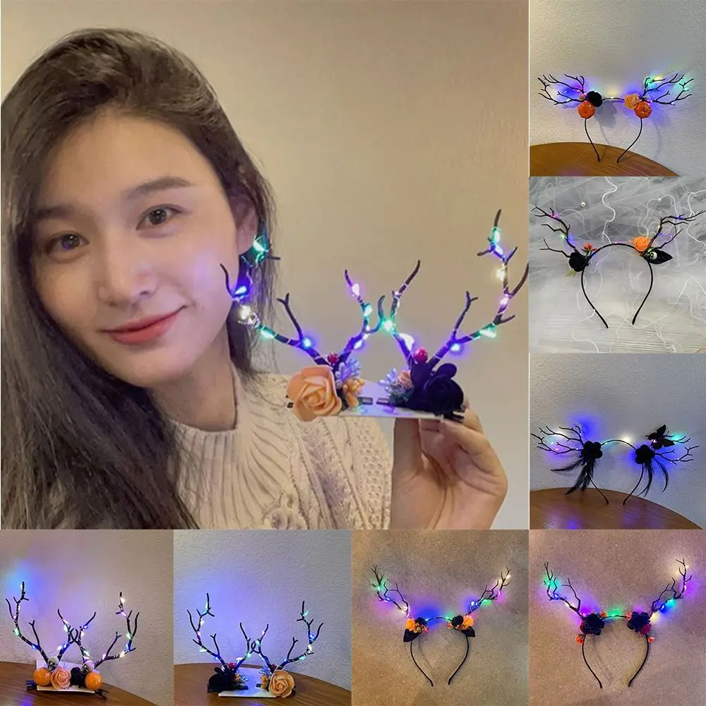 

Cute Elk Ears Halloween Glowing Antler Hair Hoop LED Pumpkin Fairy Deer Ear Headband Ghost Headband Kids Head Wear Party