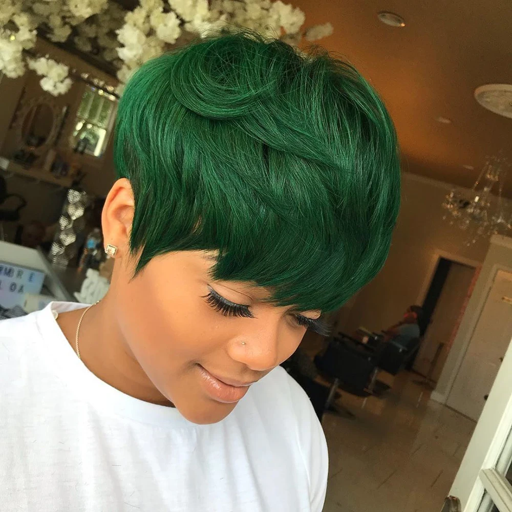 

Green Pixie Cut Human Hair Wig with Bangs Short Human Hair Wig for Black Women Brazilian Virgin Human Hair Machine Made Wig
