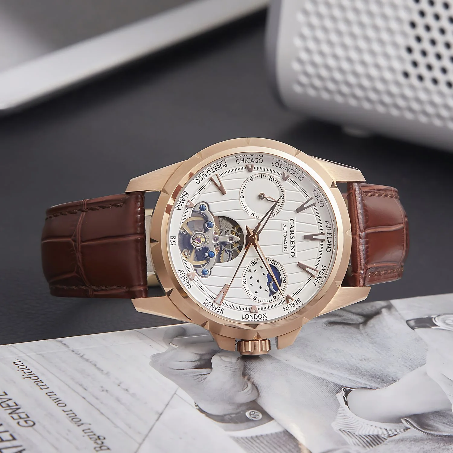 Carseno Marke Präzisions stahl starkes Nachtlicht wasserdicht voll automatische Tourbillon mechanische Herren watch-2073G