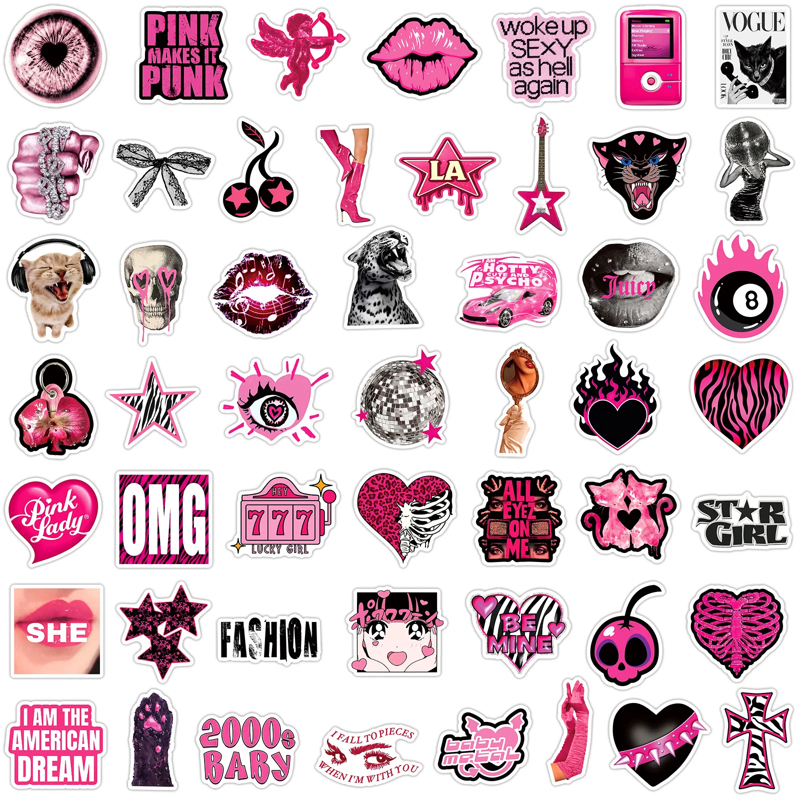 10/50 Stück rosa Y2K-Cartoon-Aufkleber im Gothic-Stil, Graffiti, Retro-Dekoration, DIY-Spielzeug, Kühlschrank, Laptop, Gitarre, Fahrrad, Skateboard, Aufkleber