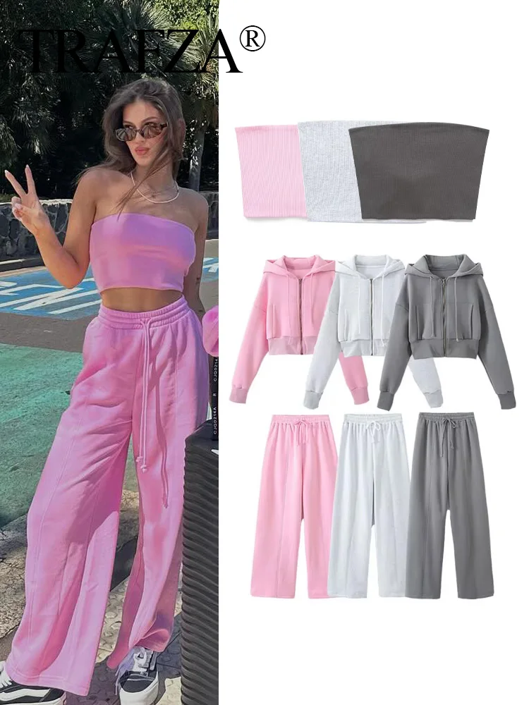 TRAFZA 2024 Women Pants Set Solid Pink +Grey Tube Tops +Long Sleeve Hooded Coat+ Elastic Waist Causal Loose Fleece Pants Street