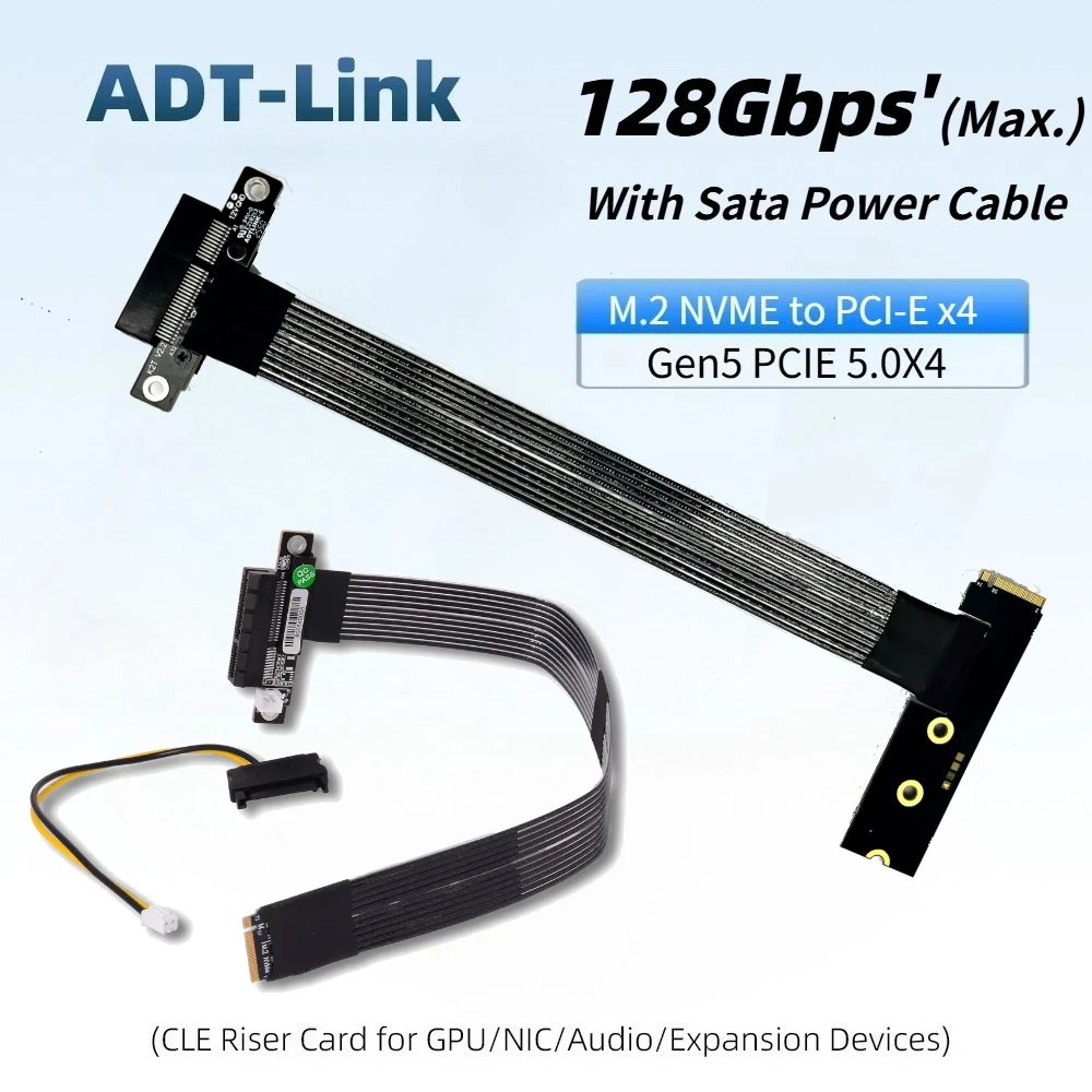 ADT-Link PCIe 5.0 X4 M.2 NVMe To PCI-E 4x Extension Riser Cable 128G/bps High-Speed Gen5 Lossless Bending for SSD Graphics Cards