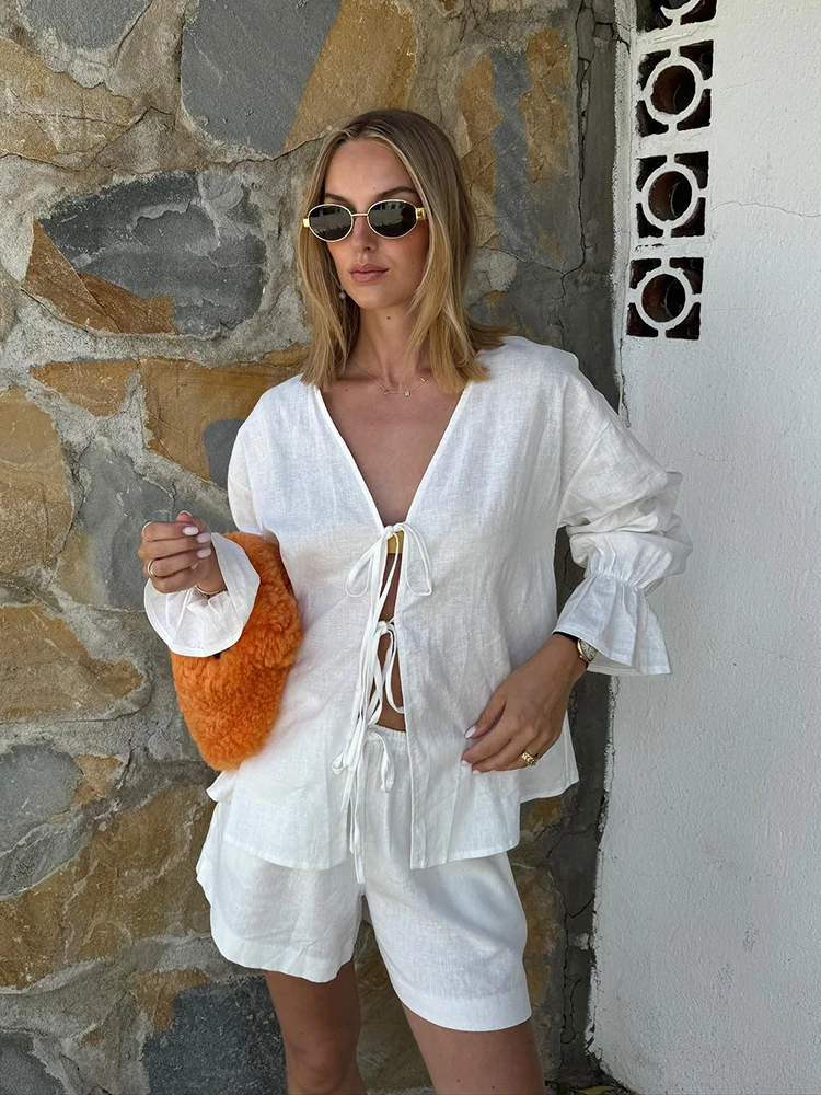 

Hiloc White Outdoor Pure Cotton Woman Pajama 2 Piece Set Plunging Neckline Cuffed Sleeve Sheer Suit Fitted Lace-Up Shorts Outfit