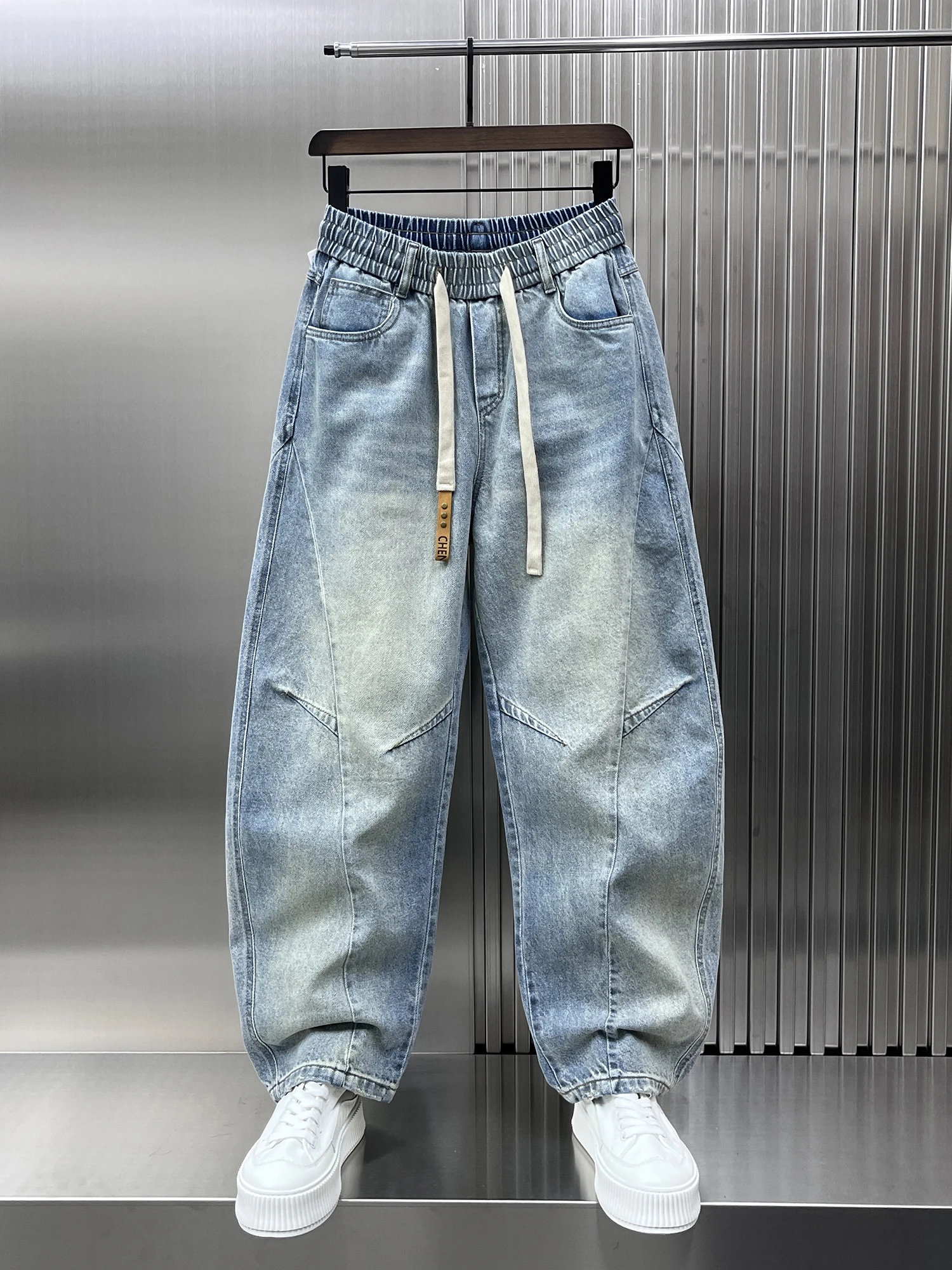 

Модные свободные джинсы для мужчин, весенне-осенние потертые джинсовые брюки с эластичной резинкой на талии, корейские повседневные синие брюки в стиле ретро