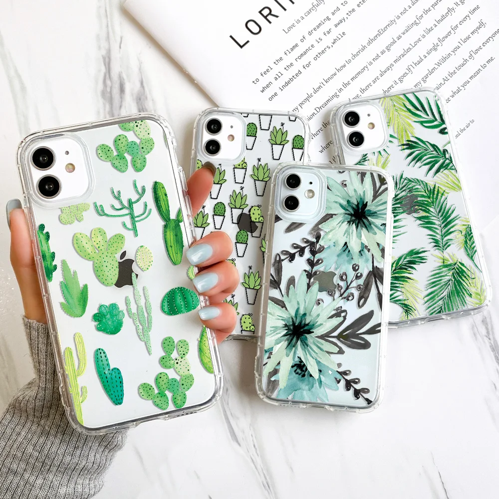 Green Cactus Painted Case For iPhone 12 Cases iPhone 14 Pro Max 11 13 Mini XR X XS 7 8 Plus SE 2022 2020 Leaves Phone Case Cover