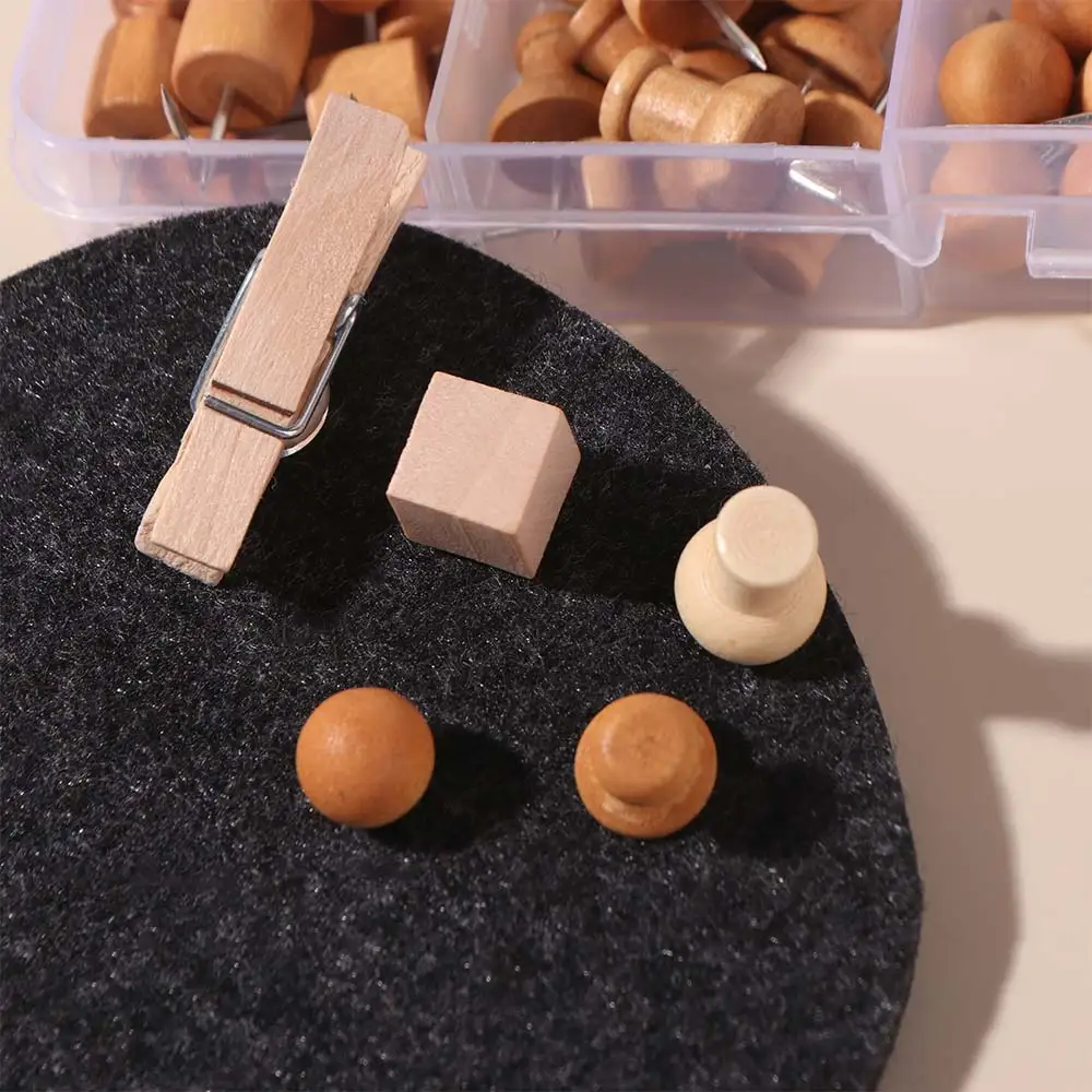 114Pcs Decorative Wood Push Pins Various Style Wooden Drawing Thumb Tacks Fixing Photos with Storage Box Cork Board Thumbtack