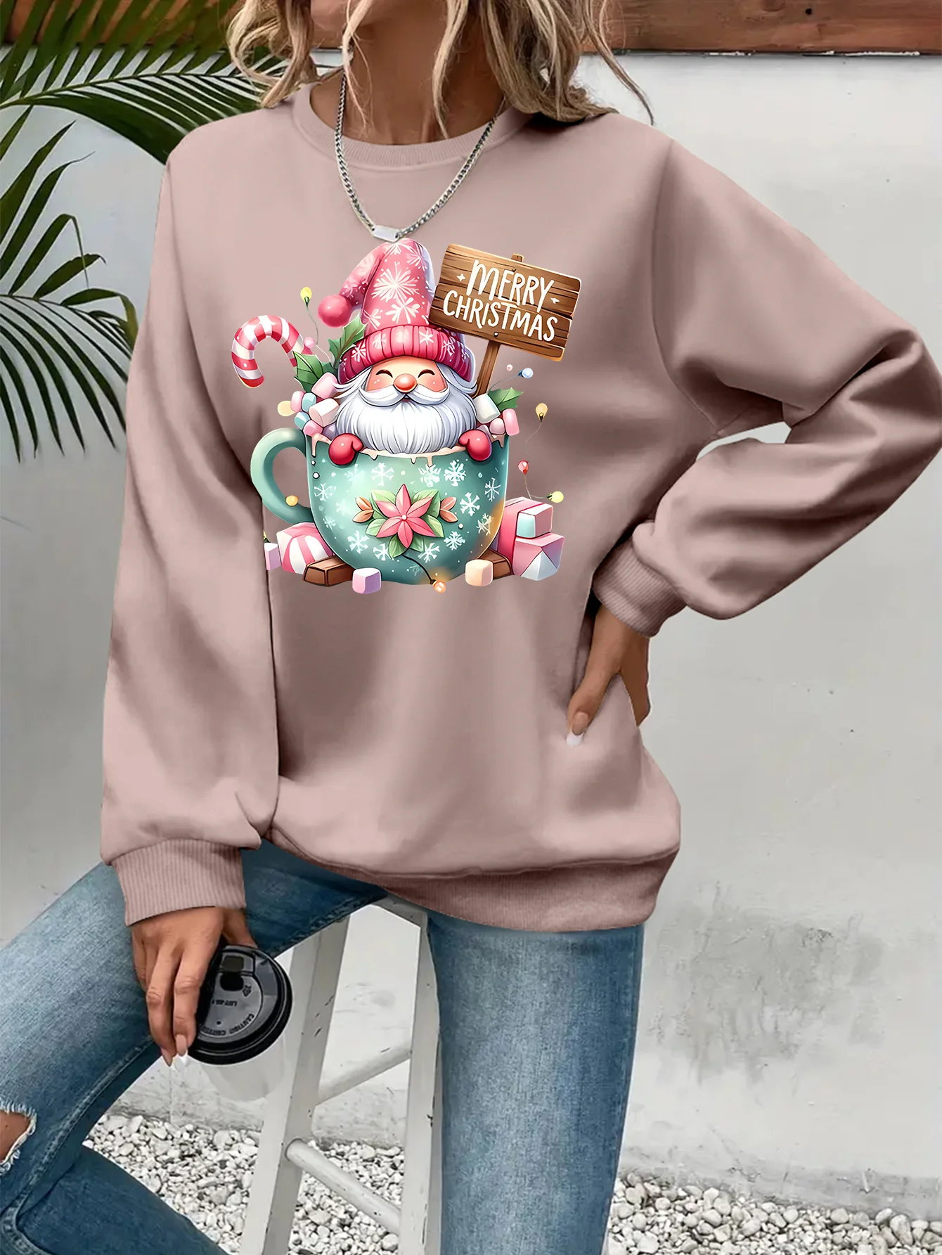 Merry Christmas Dwarf Hot Cocoa Cup Candy Cane Printed Round Neck with Velvet Loose Long Sleeve Holiday Casual Sweatshirt
