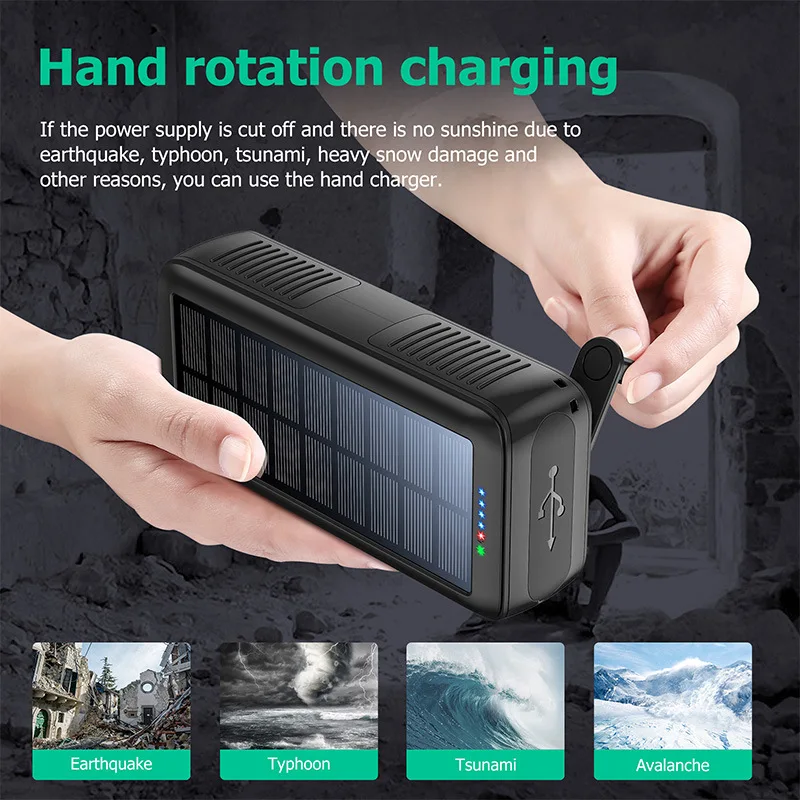 61200mAh Solar Power Bank Built Cables 2.1A Fast Charging Solar Powerbank Hand Crank External Battery Pack for iPhone 15 Samsung