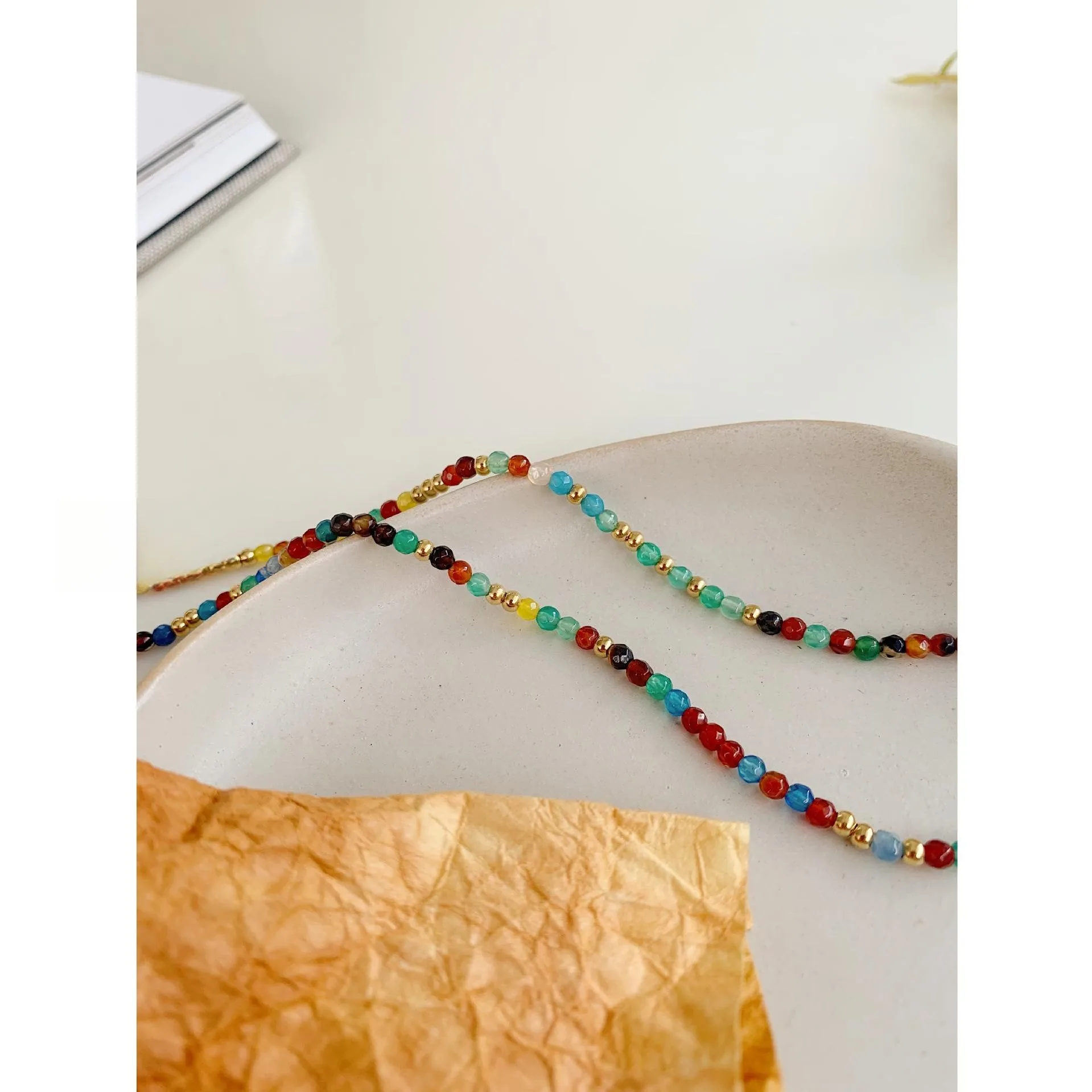 Colorful Agate Stone Beaded Necklace for Women's Natural Stone Titanium Steel Lock Bone Chain