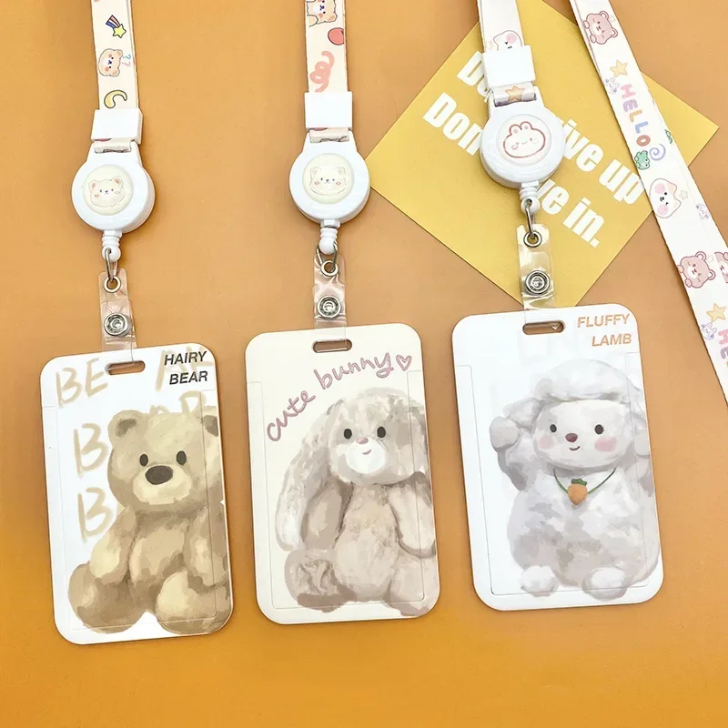 Juegos de tarjetas deslizantes de dibujos animados con cordón, funda de tarjeta de crédito de identificación, funda de tarjeta de autobús para estudiantes, soporte de insignia, funda de tarjeta impresa de oso con cuerda de mano