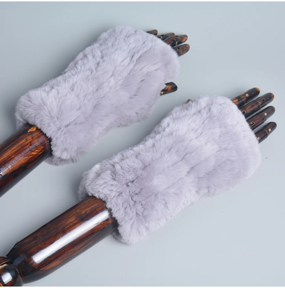 New Women 100% Real Genuine Knitted Rex Rabbit Fur Mittens Winter Warm Lady Real Fur Fingerless Gloves Handmade Knit Fur Mitten