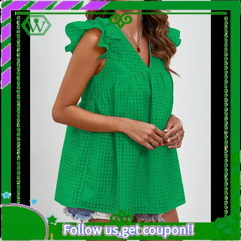 A18P-เสื้อสตรีคอวีRuffle Babydoll - Sheer Peplum Top, Flowy Casual Loose Fit,เสื้อฤดูร้อนของผู้หญิง