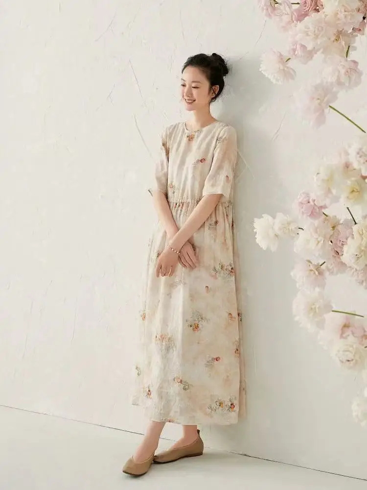 새로운 여성 코튼 린넨 꽃 드레스 얇은 여름 라운드 넥 짧은 소매 높은 허리 인쇄 캐주얼 드레스 N812
