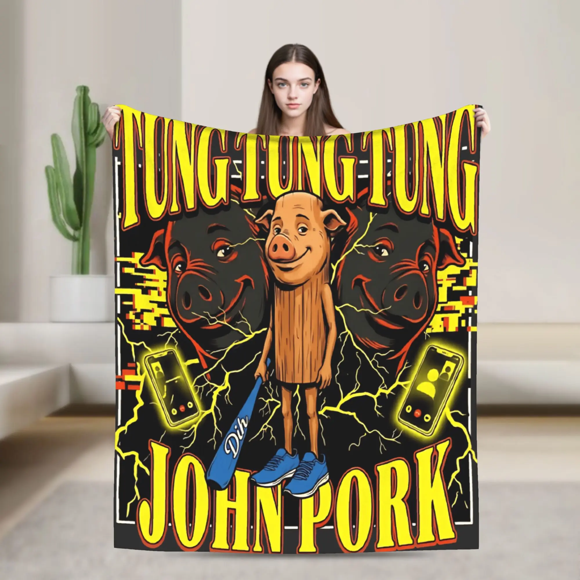 John Pork Tung Meme Gen Z Brainrot Funny Call Warm Soft Blankets For Living Room  Funny Throw Flannel Bedspread