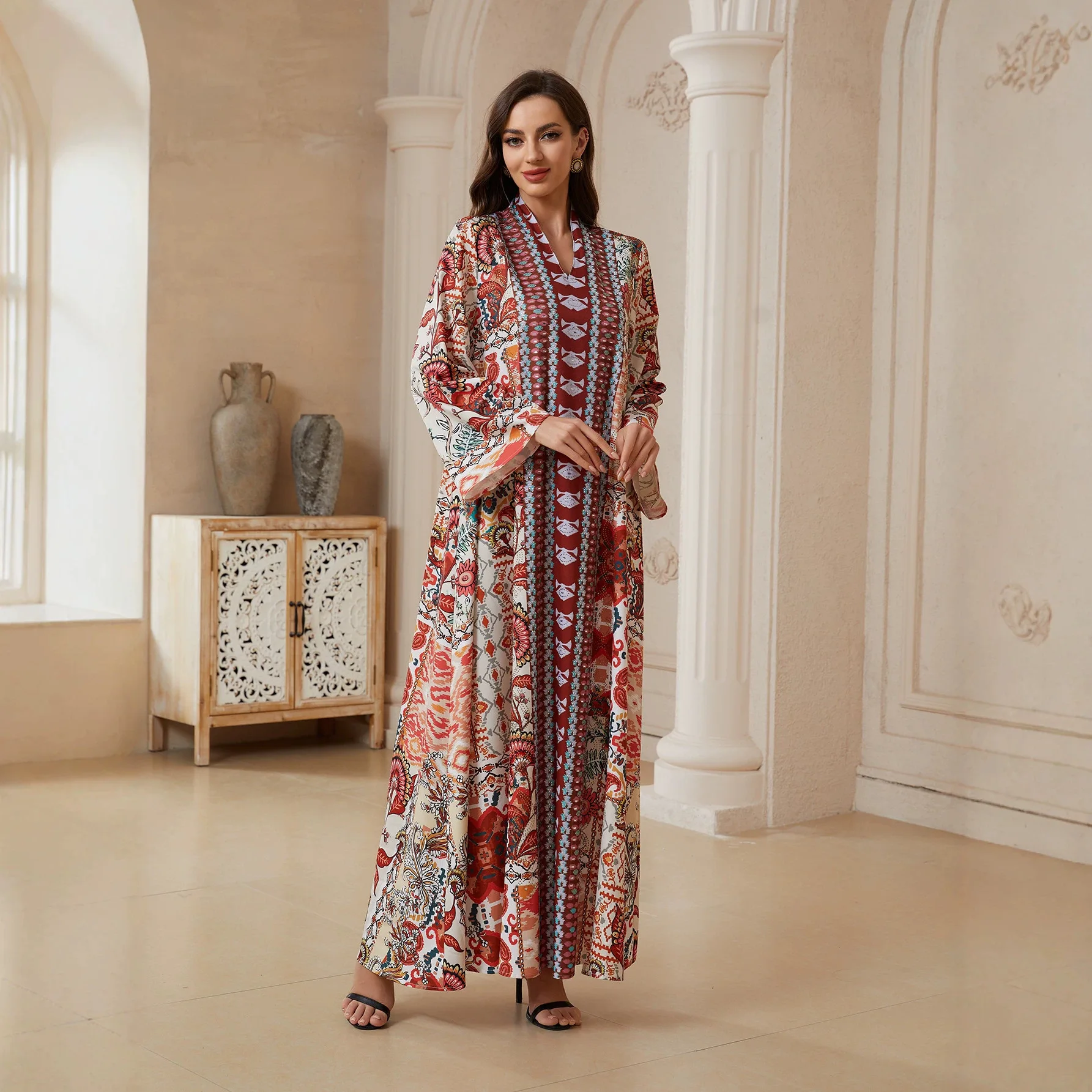 

Bx32 New V-neck Long Dress With Floral Print, Loose Casual Summer Women's Clothing, Plus Size Ramadan Dubai Luxury Islam Elegant