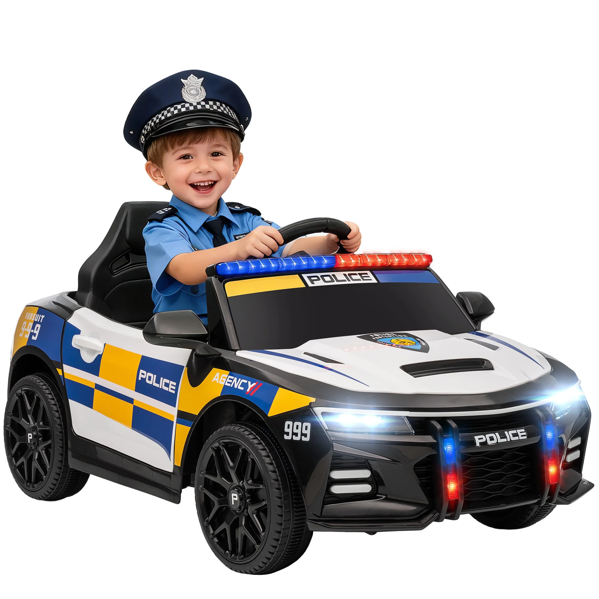 Voiture de police électrique Aiyaplay pour enfants +3 ans 12V avec télécommande 2.4g, lumières, sirène, musique