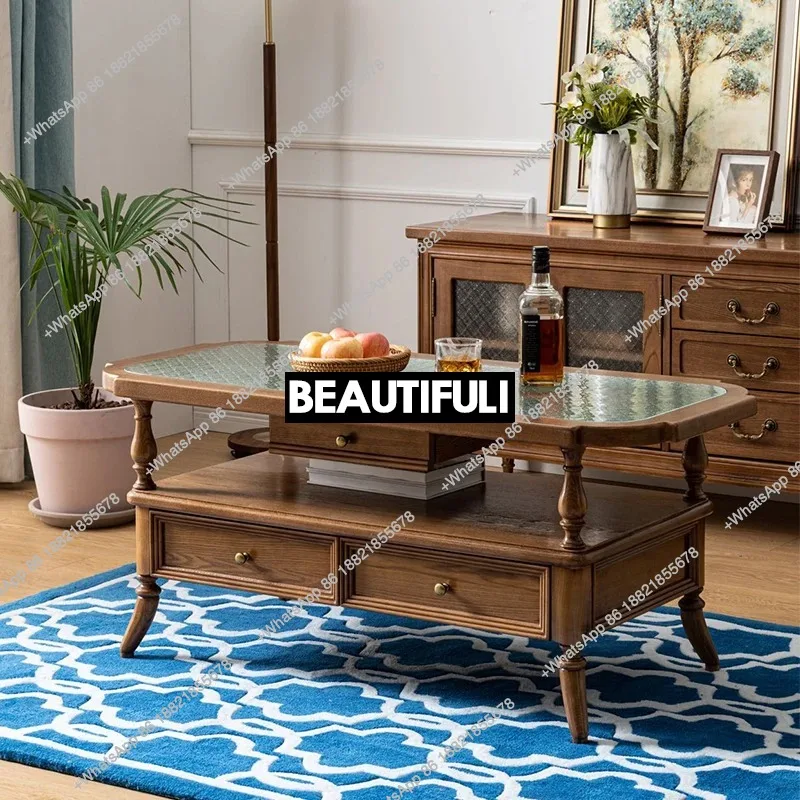 

American light luxury simple design tea table living room home minimalist square Nordic solid wood carved coffee table
