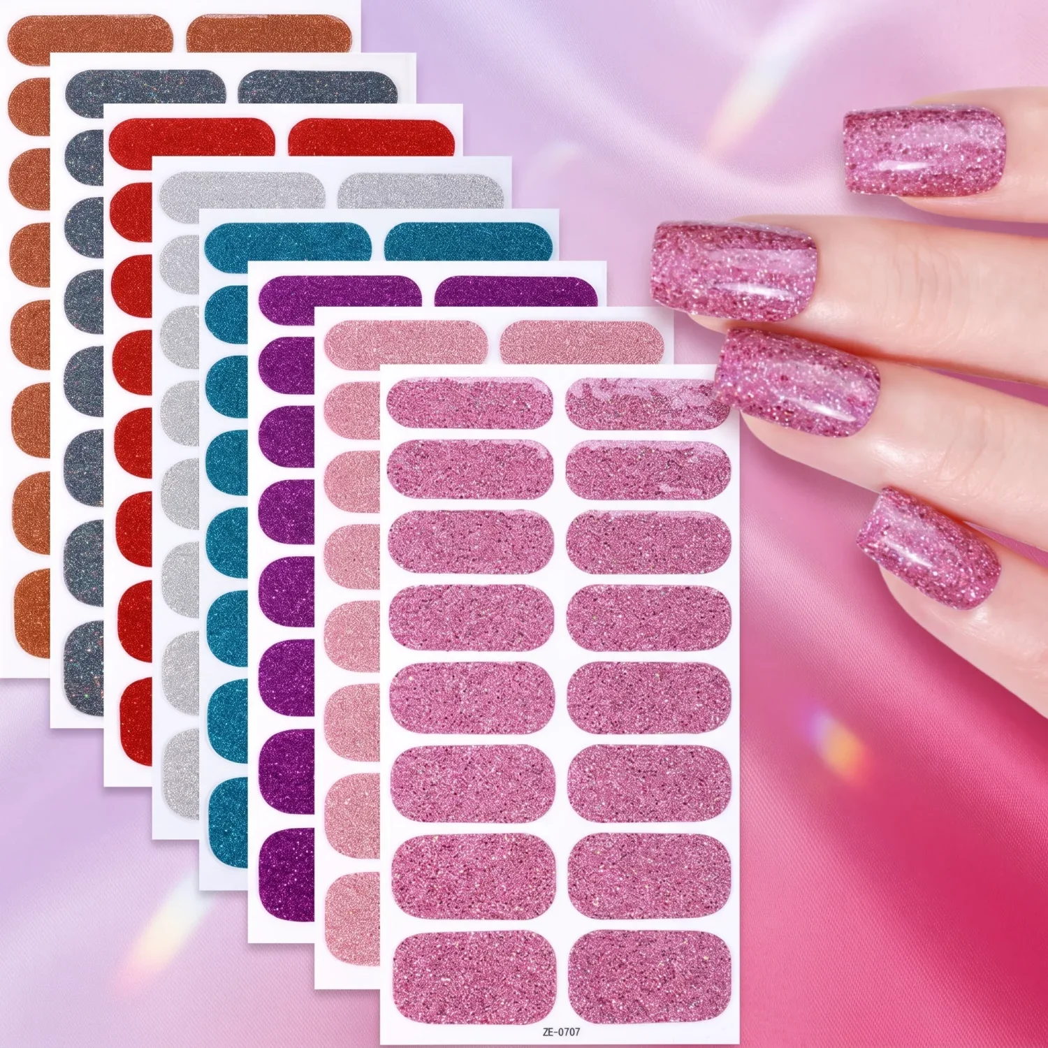 Einfarbige Glitzer-Nagellack-Folienaufkleber |   16-teilige, selbstklebende, sofort verwendbare Nagelsticker |   Einfarbiges Glitzer