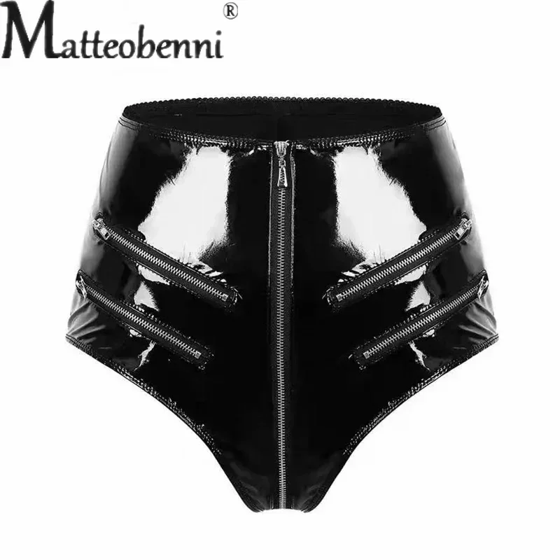 Shiny PVC Patent Leather Sexy Shorts Women Nightclub Party Erotic Triangular Trousers Multi-Zipper Open Crotch Ultra Short Pants