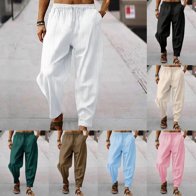 

Summer Men's Hip Hop Breathable Cotton Linen Striped Loose Casual Tracksuit Pants