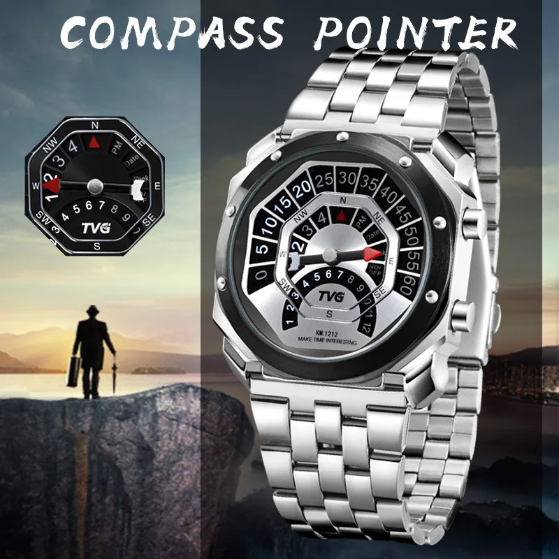 Mens watches TVG Square Watch dial Compass Hiking Mountaineering Full Steel Waterproof LED Watch Men Clock Sport Watches KM1212