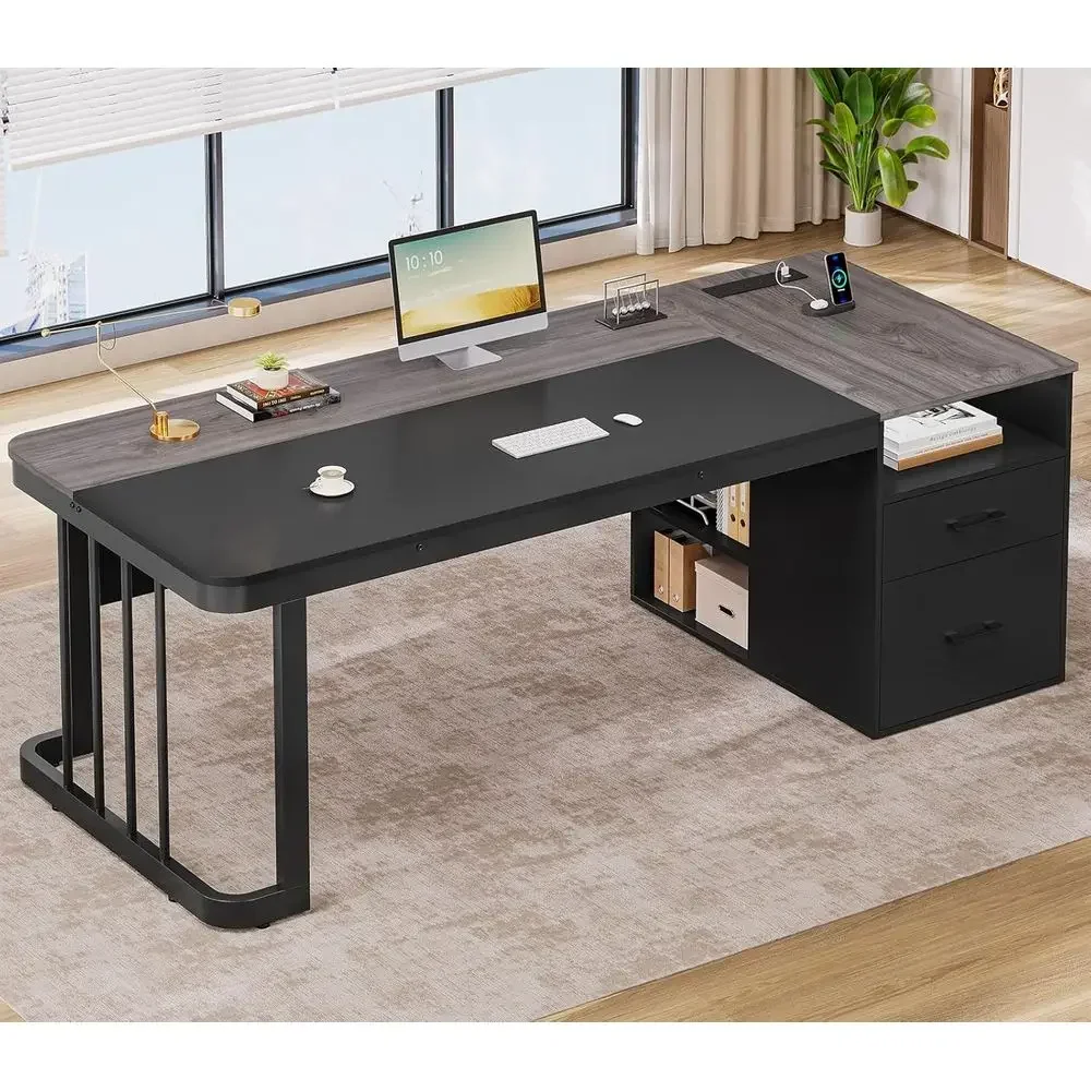 70.9 Executive Desk with Power Outlet, Large Office Desk with Drawers and Lateral File Cabinet, Extended Long Computer Desk with