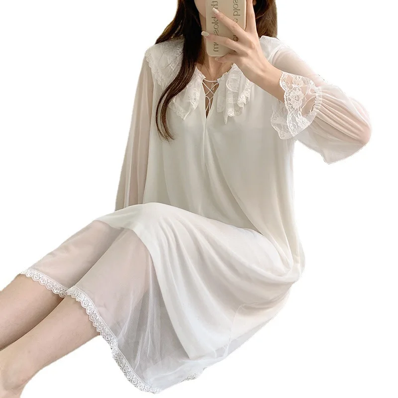 Court Princess Nightgowns Modal Spring Autumn Medium Long Pajamas Dress Lace Mesh Loungewear Nightdress Women Sleepwear 5