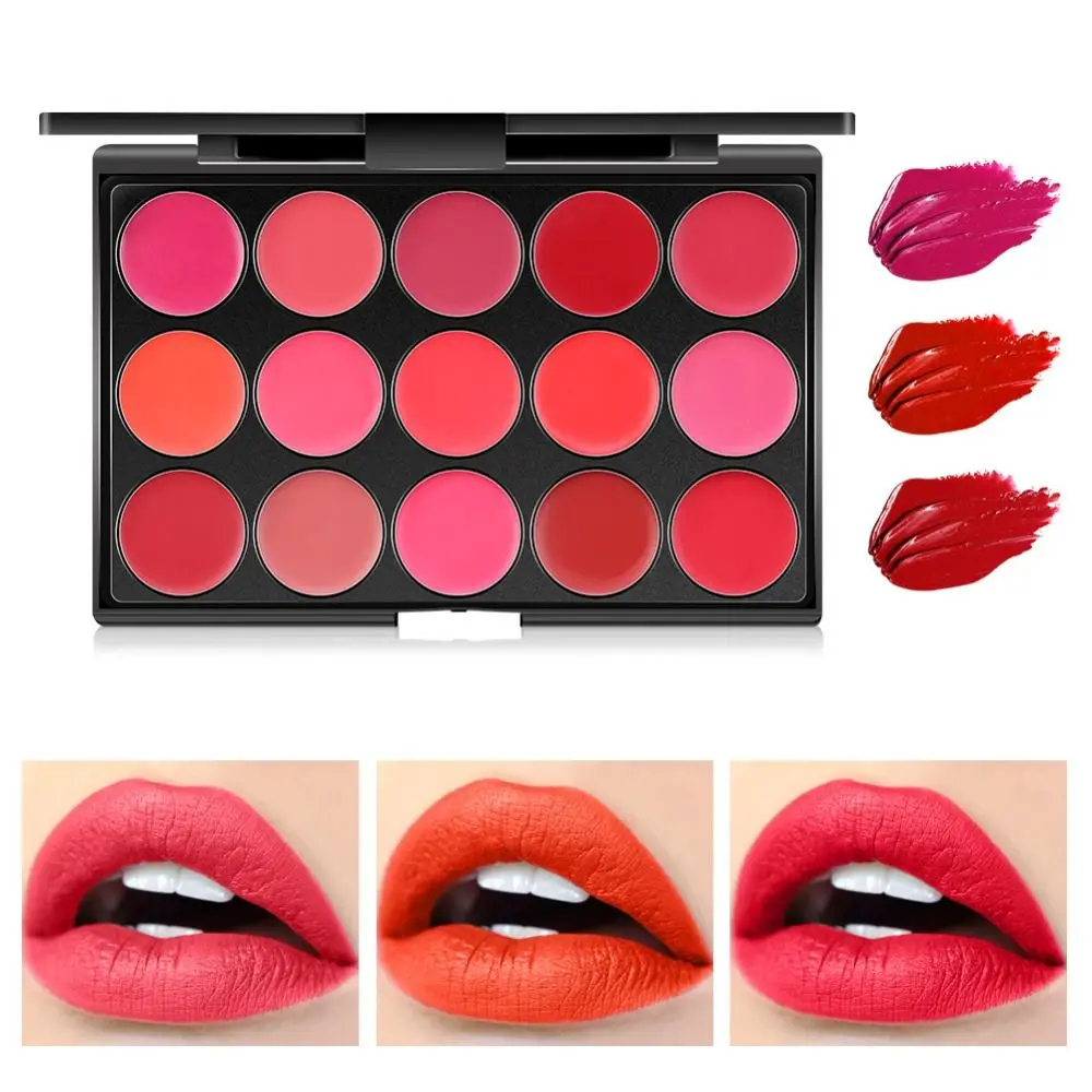 Non-Sticky Cup Matte Lipstick Palette with Mirror Waterproof Long Lasting 15 Color Lip Gloss Palette Beauty Moisturizing Female