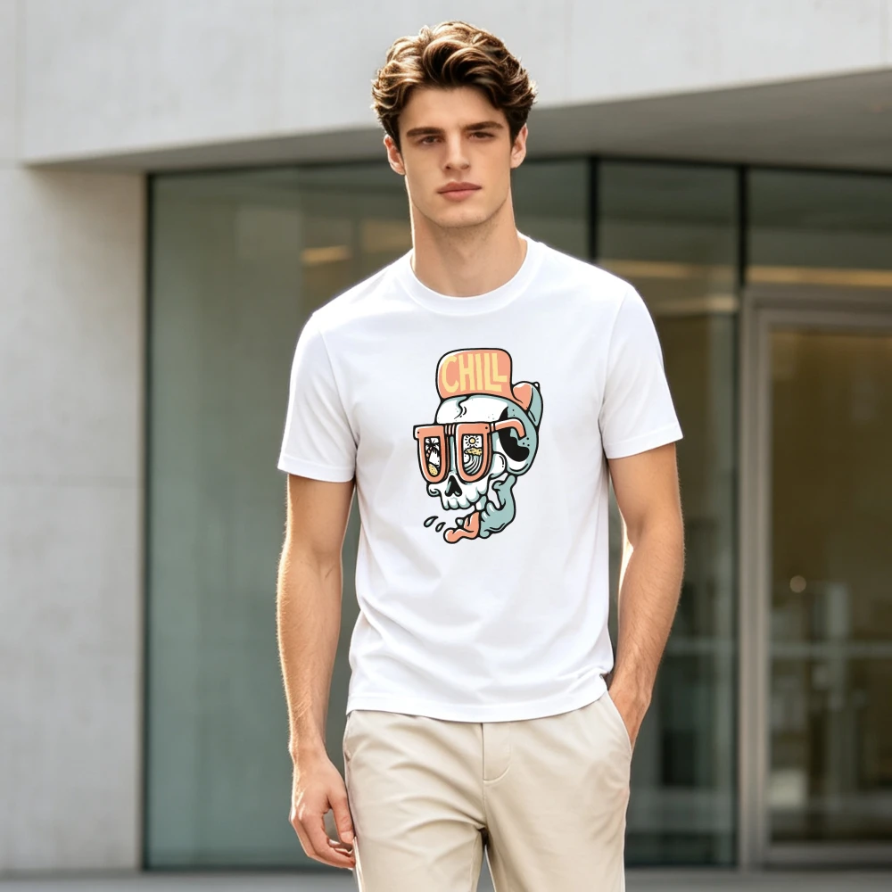 Chill Cartoon Skull Graffiti Graphic T Shirt Unisex Crew Neck Short Sleeve Casual Tops Hip Hop Urban Street Style for Men Unisex
