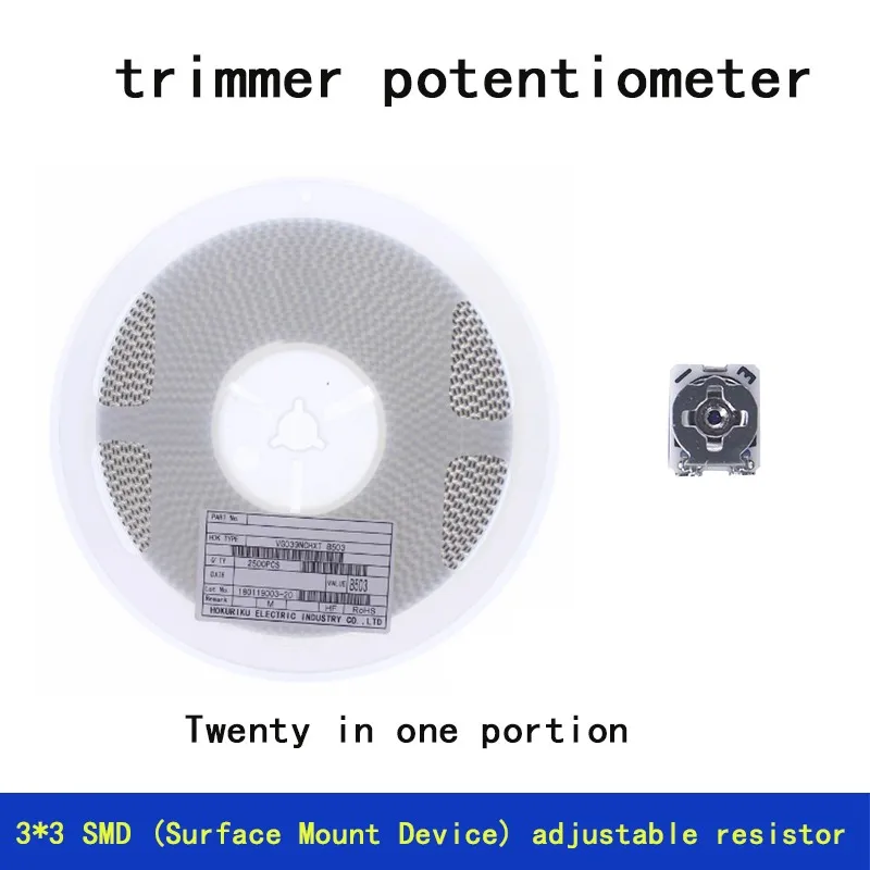 

20PCS 3*3 SMD adjustable resistor, trimming potentiometer, 1/2/5/10/20/50/100/200/500 KΩ, 1MΩ.