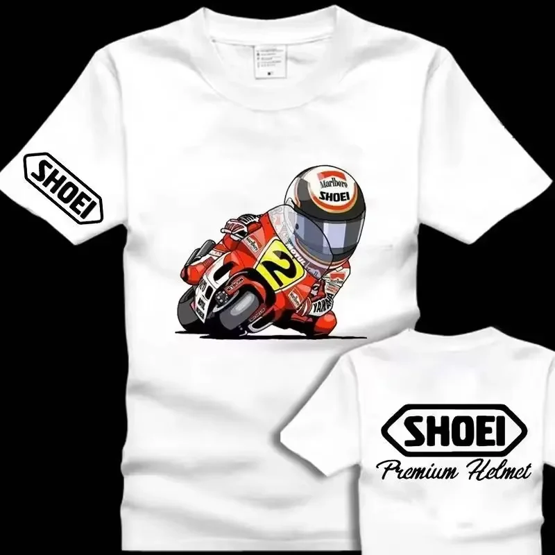 2026 Trend Oversized Cotton T-Shirt Cartoon Chibi Moto Racer Front Back Print Biker Racing Summer Casual Short Sleeve Top