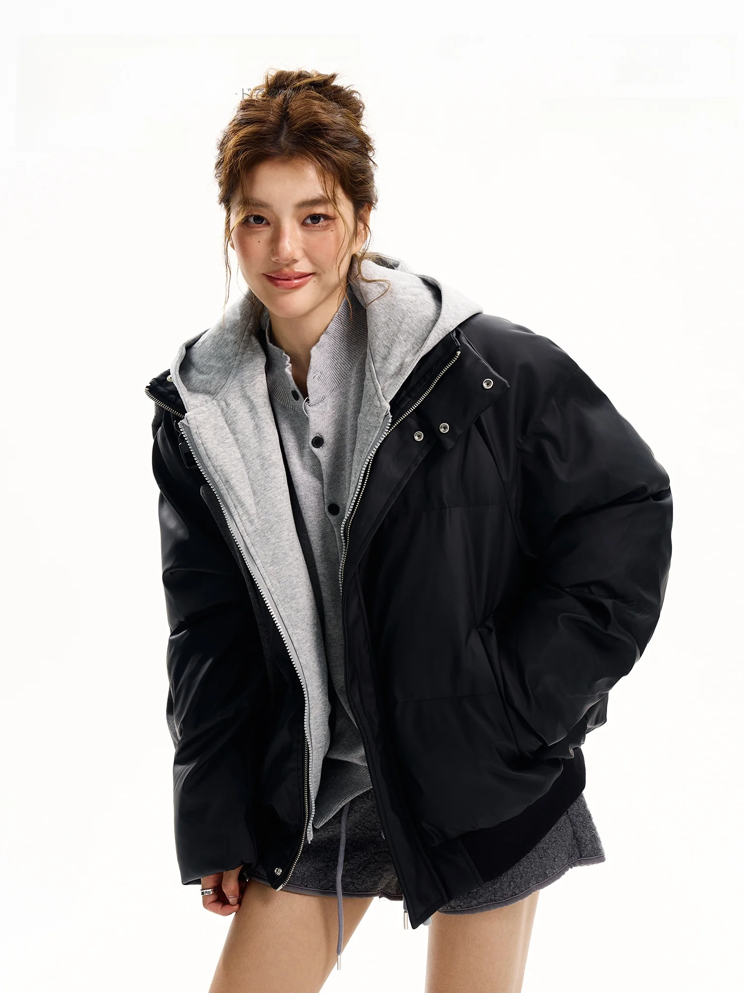 

Damon Island American Sle Spliced PU Leather Cotton Jaet Men's Winter Loose Thiened Hooded Cotton Coat Long Sve Zipper