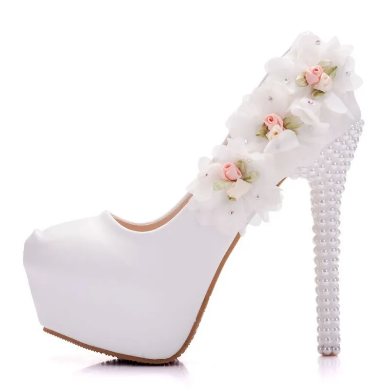 Woman Pumps Brand Design Lady Pointed Toe Flower Slip-On PU 14CM Thin Heels Lady Wedding Japanese Style Women Shoes White