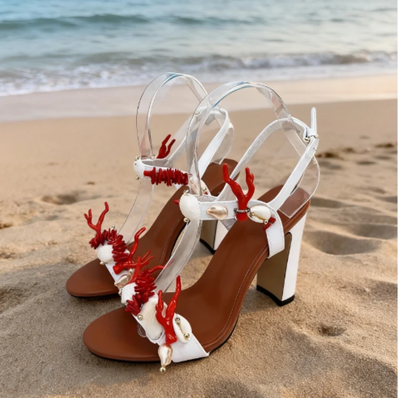 

Coral Shell Open-Toe Slingback Chunky Heels Sandals Woman Summer 2026 Round Toe High-Heeled Shoes Seaside Holiday Style