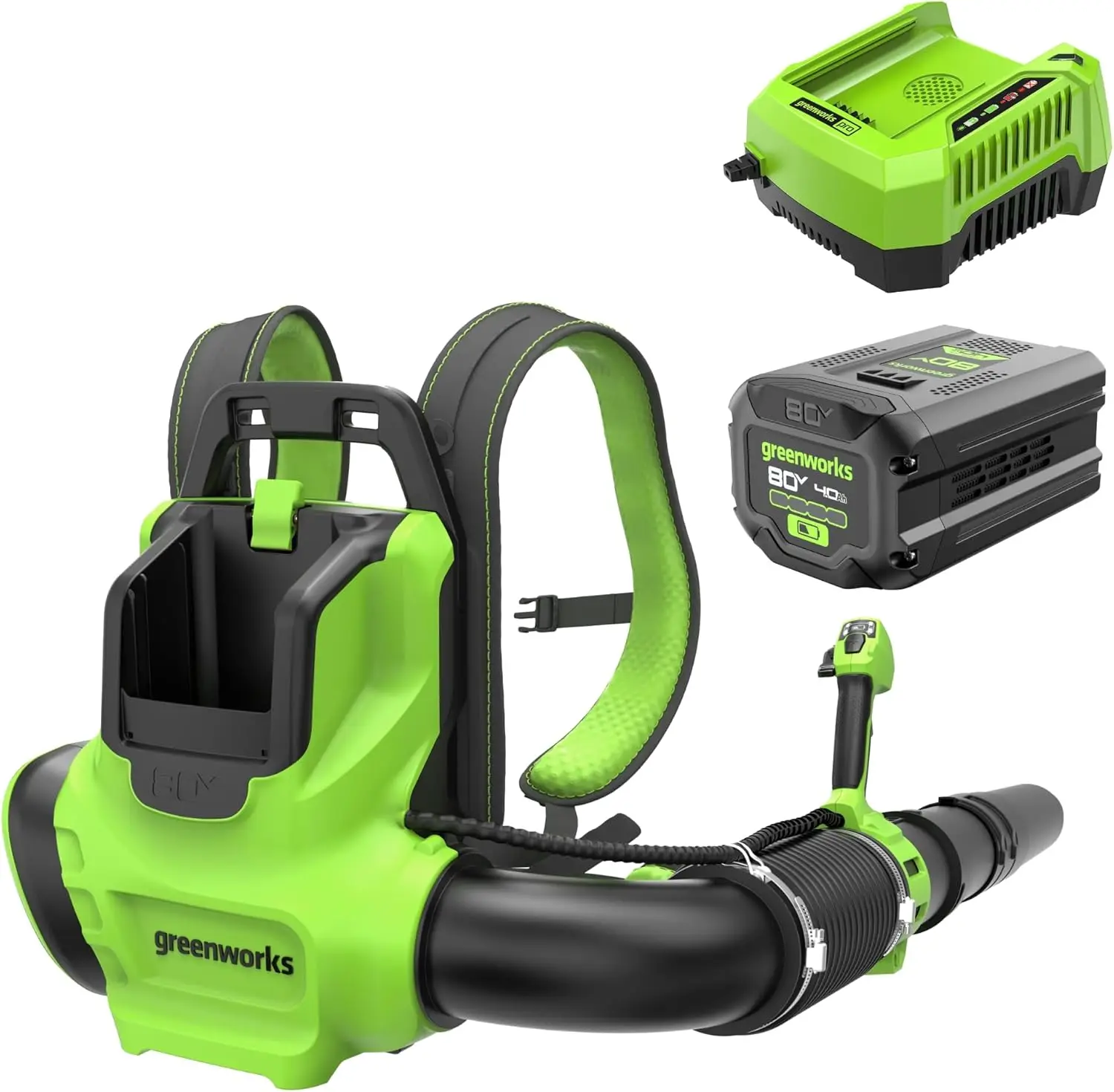 Greenworks 80V (750 CFM) rugzakblazer, 4,0 Ah batterij en 4A oplader