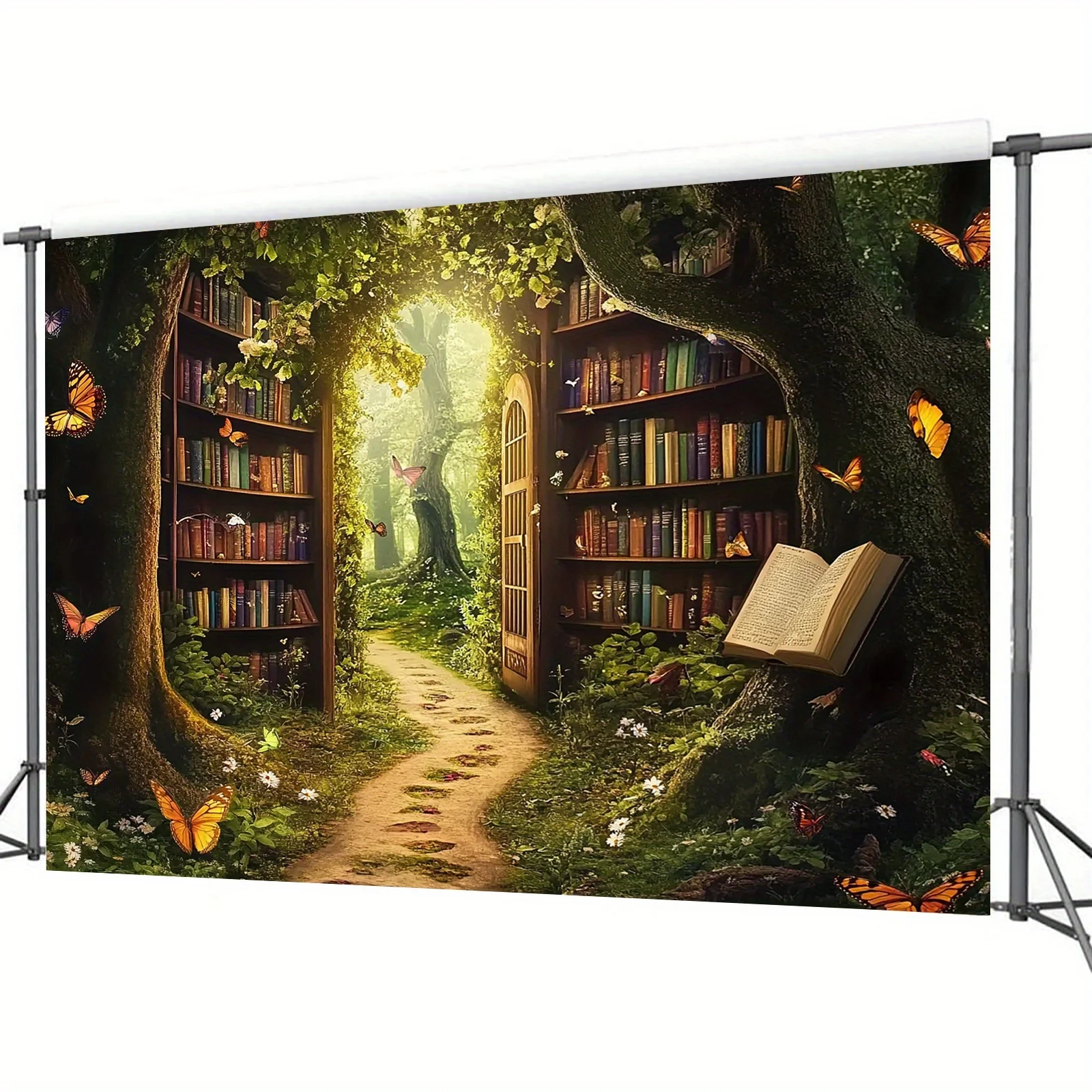 1 piece, Magic Forest Library background banner - Fairy Tale World theme, with bookshelf, butterflies and flowers view 3