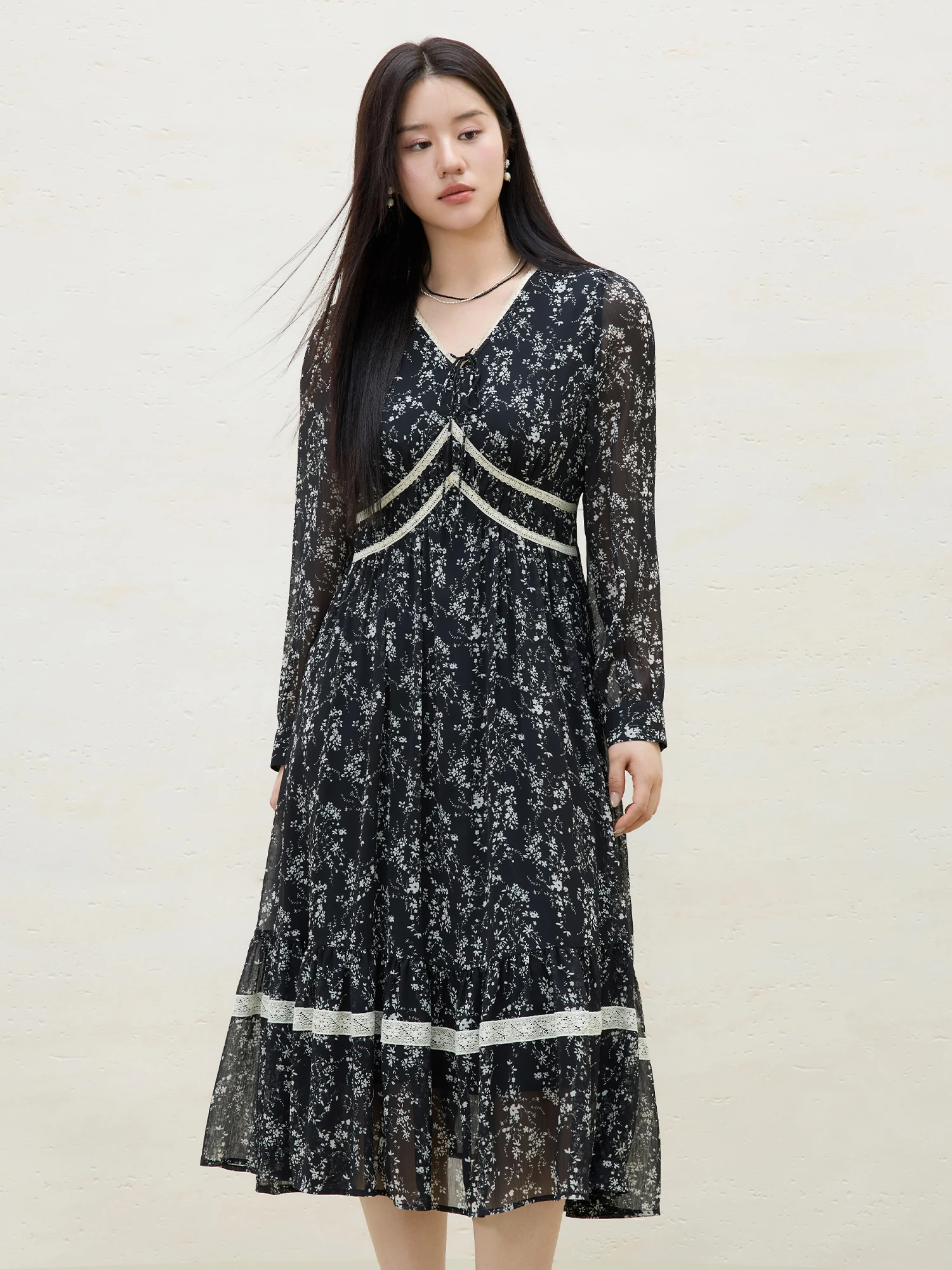 DUSHU Office Lady Women\'s Flowing Umbrella Chiffon V-neck Lace Dress 2025 Spring Fashion Midi Casual Loose Dress 25DS81218