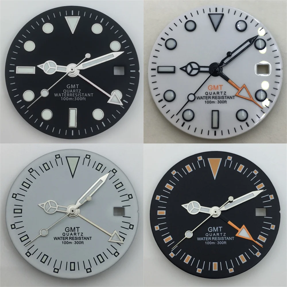 قرص ساعة كوارتز 29 ملم قرص أبيض وأسود مع أيدي مقترنة بحركة كوارتز RONDA 515 GMT وإضاءة خضراء C3